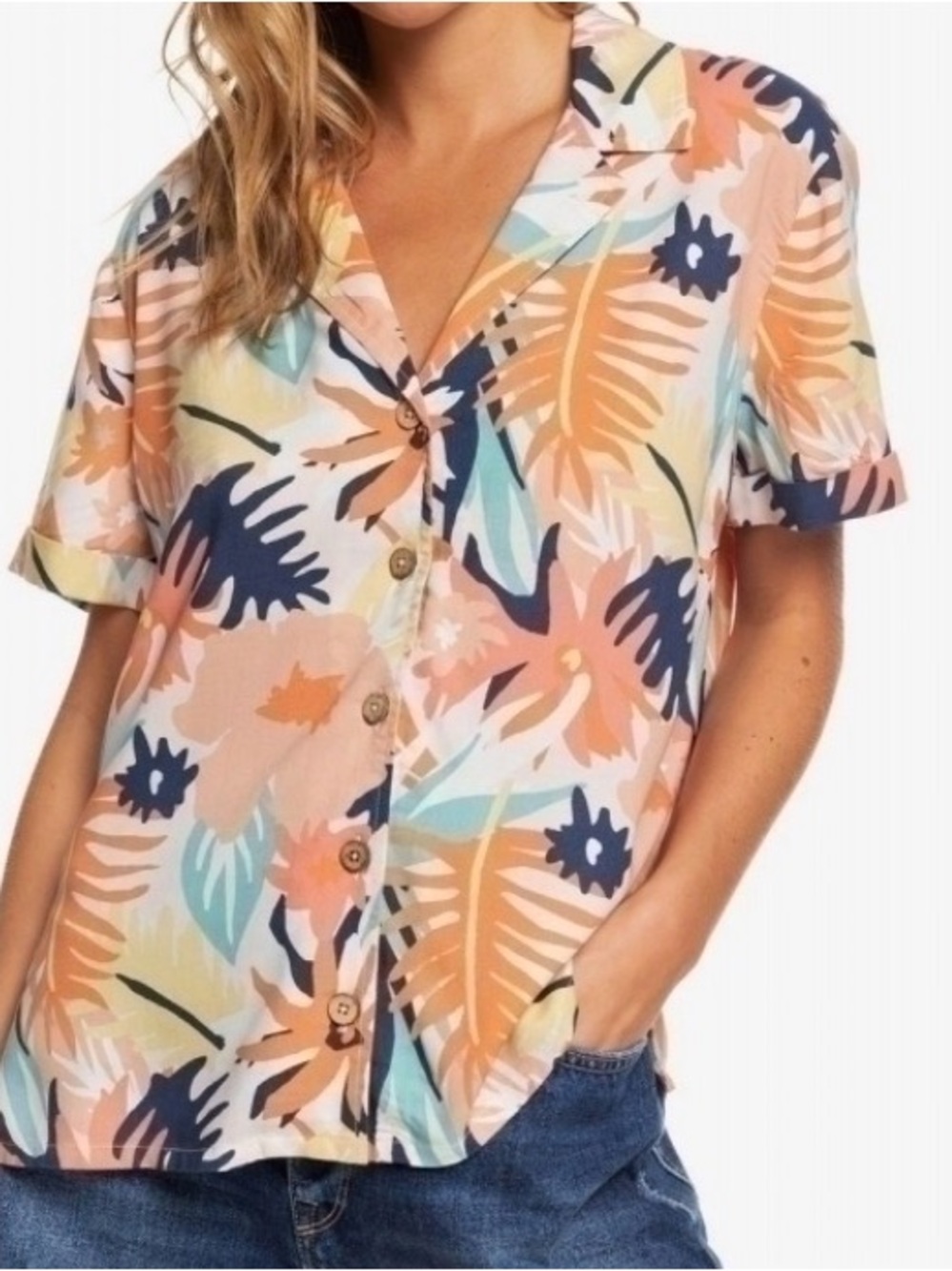Roxy Peach, Navy & Mint Tropical Button-Front Camp Shirt